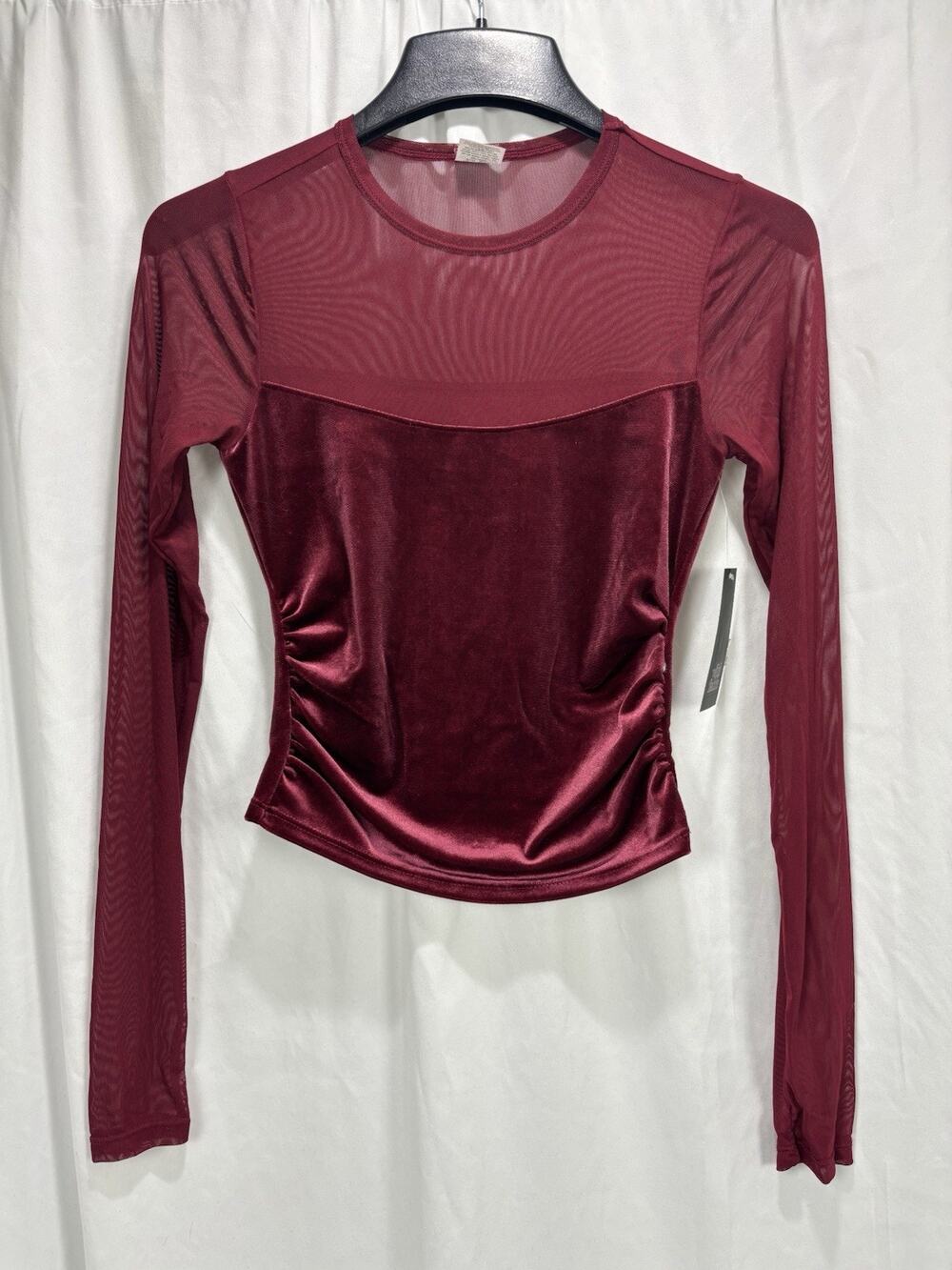 NWT Wild Fable Long Sleeve Sheer Velvet Burgundy Shirt Size XS Coquette